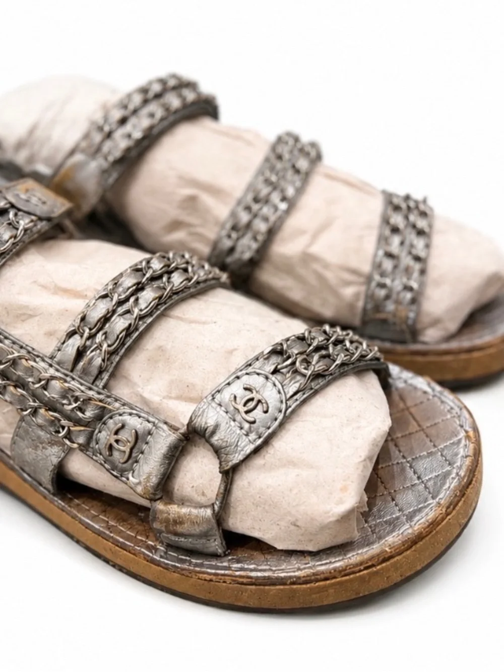 CHANEL Metallic Silver Braided Chain Leather Sandals